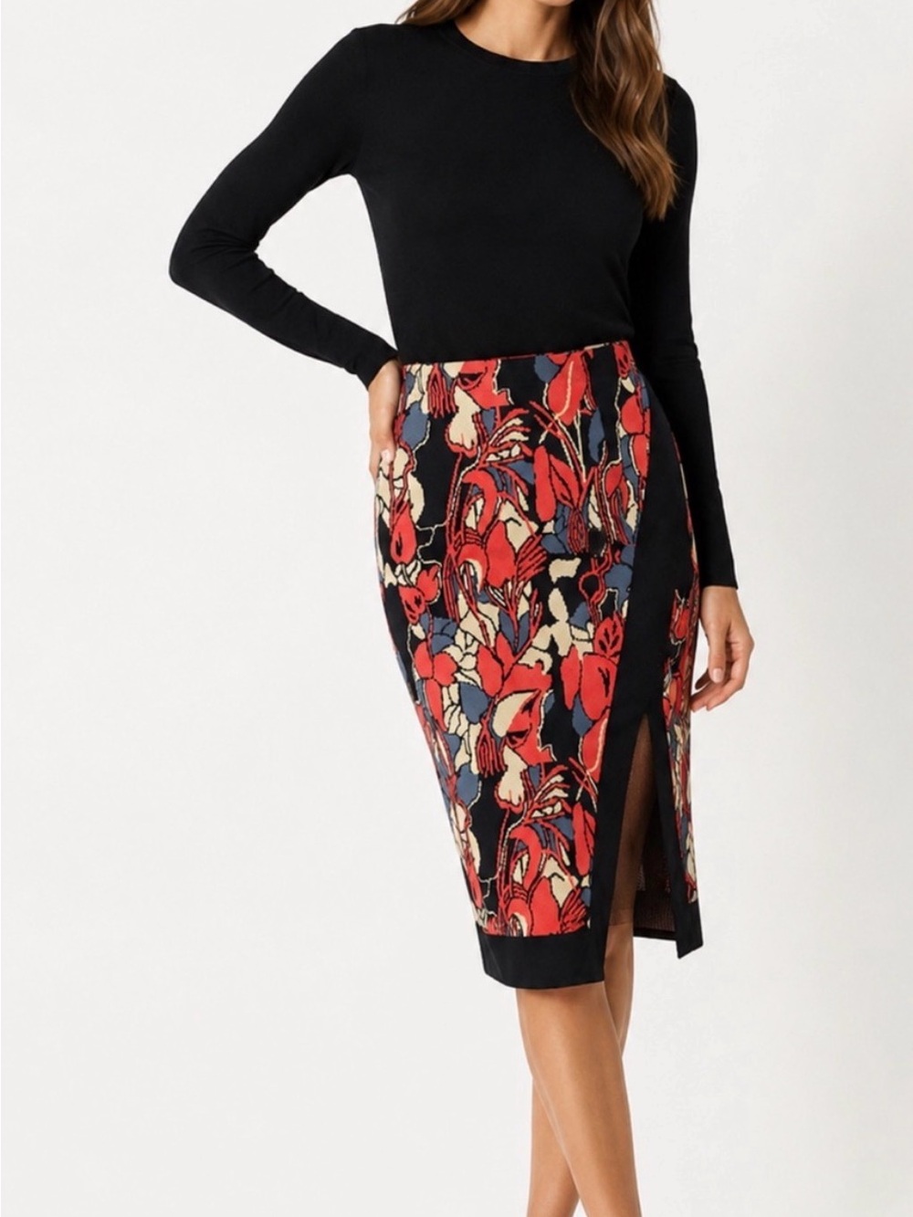 RACHEL Rachel Roy Black Pencil Skirt with Red Floral Print & Side Slit